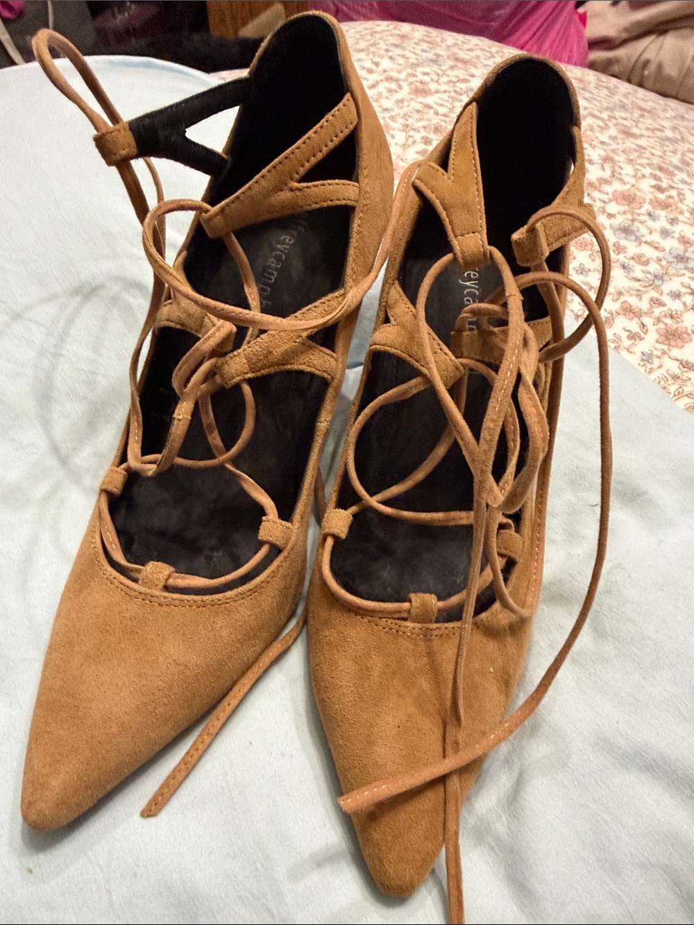 Jeffrey Campbell Tan Suede Lace-Up Pointed Toe Heels